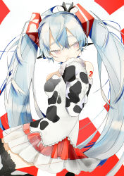 Rule 34 | 1girl, absurdres, animal print, aqua hair, bare shoulders, chinese zodiac, commentary, covering own mouth, cow print, cowboy shot, dress, fur-trimmed sleeves, fur trim, hair ornament, hand to own mouth, hatsune miku, highres, layered skirt, long hair, miniskirt, pleated skirt, red eyes, red skirt, shirt, shoulder tattoo, sideways glance, skirt, sleeveless, sleeveless shirt, solo, strapless, strapless dress, tattoo, thighhighs, tsurime, twintails, very long hair, vocaloid, white shirt, wsk 64, year of the ox