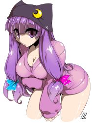 Rule 34 | 1girl, alternate headwear, blouse, breasts, cleavage, crescent, cropped legs, female focus, hat, highres, image sample, large breasts, leaning forward, long hair, looking at viewer, patchouli knowledge, purple eyes, purple hair, shirt, signature, simple background, solo, tajima yuuki, touhou, twintails, white background