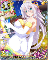 Rule 34 | 10s, 1girl, antenna hair, aqua eyes, ass, bare shoulders, blush, bow, breasts, card (medium), character name, chess piece, christmas, dress, elbow gloves, embarrassed, fur trim, gloves, hair ribbon, hat, high school dxd, high school dxd born, high school dxd hero, large breasts, long hair, looking at viewer, microdress, official art, outdoors, parted lips, ribbon, rook (chess), rossweisse, santa hat, silver hair, solo, trading card, very long hair, white dress, white gloves