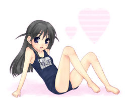 Rule 34 | 00s, 1girl, antenna hair, barefoot, feet, flat chest, name tag, one-piece swimsuit, school rumble, school swimsuit, short twintails, solo, swimsuit, tsukamoto tenma, twintails, two side up, usashiro mani