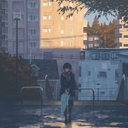Rule 34 | 1girl, bag, black hair, black pantyhose, building, city, coat, dark, earrings, gensuke (ryun), highres, house, jewelry, lamppost, loafers, looking at viewer, original, outdoors, pantyhose, plaid, plaid skirt, pleated skirt, power lines, puddle, radio antenna, railing, scarf, scenery, school bag, school uniform, shade, shoes, short hair, skirt, solo, stairs, sunlight, transparent, transparent umbrella, tree, umbrella, utility pole, water drop, winter clothes, winter coat, winter uniform