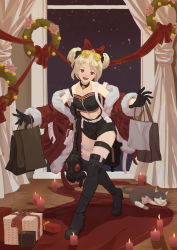 Rule 34 | 1girl, absurdres, bad id, bad pixiv id, bag, black footwear, black gloves, blonde hair, boots, bow, breasts, cat, christmas, cirilla lin, cleavage, double bun, eyewear on head, gas mask, girls&#039; frontline, gloves, hair bow, hair bun, hair ornament, hair ribbon, highres, holding, holding bag, jacket, looking at viewer, mask, medium breasts, medium hair, official alternate costume, open clothes, open jacket, open mouth, p90 (girls&#039; frontline), p90 (scarlet turbo) (girls&#039; frontline), purple eyes, red bow, red jacket, ribbon, solo, standing, tagme, thigh boots, thighhighs