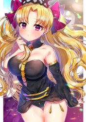 Rule 34 | 1girl, akirannu, asymmetrical sleeves, bare shoulders, between breasts, black leotard, black nails, blonde hair, blush, breasts, cleavage, detached collar, earrings, ereshkigal (fate), fate/grand order, fate (series), highres, infinity symbol, jewelry, large breasts, leotard, long hair, looking at viewer, nail polish, necklace, parted bangs, red eyes, single sleeve, skull, solo, spine, thighs, two side up, uneven sleeves