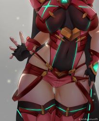 Rule 34 | 1girl, armor, black gloves, breasts, chest jewel, condylonucla, covered navel, gloves, grey background, head out of frame, highleg, highleg leotard, highres, large breasts, leotard, micro shorts, navel, pyra (xenoblade), red thighhighs, shorts, simple background, skindentation, solo, strap pull, thigh gap, thighhighs, thighs, xenoblade chronicles (series), xenoblade chronicles 2