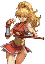 Rule 34 | 1girl, blonde hair, brown eyes, capcom, cowboy shot, final fight, final fight 2, genryuusai maki, hands up, hungry clicker, long hair, muscular, muscular female, pelvic curtain, ponytail, serious, simple background, sleeveless, solo, street fighter, tonfa, weapon, white background