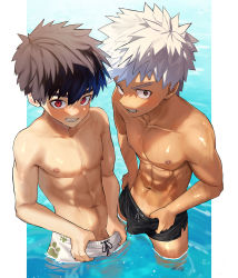 Rule 34 | 2boys, abs, batsusuke, black hair, black male swimwear, blush, brown eyes, bulge, collarbone, day, from above, grin, highres, looking at viewer, male focus, male pubic hair, male swimwear, multiple boys, naughty face, navel, nipples, original, outdoors, outside border, pectorals, pubic hair, pubic hair peek, pulling own clothes, red eyes, sanpaku, shiny skin, short hair, shorts tan, side-by-side, smile, spiked hair, standing, swim briefs, swim trunks, tan, tanline, toned, toned male, wading, water, wet, white hair, white male swimwear
