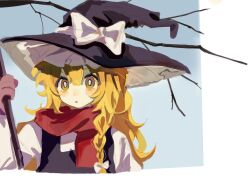 Rule 34 | 1girl, black hat, black vest, blonde hair, bow, braid, bright pupils, brown gloves, chinese commentary, gloves, hair bow, hat, hat ribbon, highres, kirisame marisa, long hair, parted lips, red scarf, ribbon, scarf, shirt, side braid, solo, touhou, vest, white bow, white pupils, white ribbon, white shirt, witch hat, yellow eyes, youshouhaoxianzhe