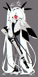 Rule 34 | 1girl, absurdly long hair, absurdres, arm at side, blue archive, bolt action, boots, chibi, chromatic aberration, collared shirt, commentary request, demon tail, empty eyes, greyscale, gun, hair over one eye, hair ribbon, high-waist skirt, highres, holding, holding gun, holding weapon, iori (blue archive), kneehighs, knees to chest, knees up, long hair, long pointy ears, long sleeves, looking ahead, monochrome, necktie, no mouth, one eye covered, pointy ears, red eyes, ribbon, rifle, shirt, simple background, skirt, socks, solo, spot color, tail, twintails, very long hair, w wakase, weapon