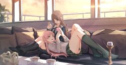 Rule 34 | 2girls, :d, absurdres, bag, bang dream!, bang dream! it&#039;s mygo!!!!!, benevole, black socks, brown hair, candle, candlestand, cellphone, chihaya anon, couch, crossed legs, cup, full body, grey eyes, half-closed eyes, handbag, highres, jacket, knees up, lap pillow, long hair, looking at phone, lying, multiple girls, nagasaki soyo, neckerchief, on back, on couch, open mouth, phone, pink hair, plaid, plaid skirt, plant, plate, railing, school uniform, sitting, skirt, smartphone, smile, socks, sunlight, table, tea, teacup, teeth, thighs, upper teeth only, white jacket