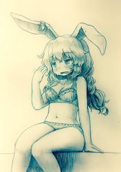 Rule 34 | 1girl, animal ears, arinu, bare arms, bare legs, blush, bra, breasts, cleavage, commentary request, earclip, highres, lace, lace-trimmed bra, lace-trimmed panties, lace trim, long hair, medium breasts, monochrome, navel, panties, rabbit ears, seiran (touhou), sitting, solo, sweat, touhou, traditional media, underwear, underwear only