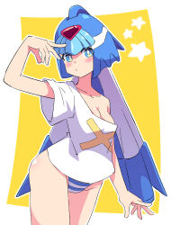 Rule 34 | 1girl, absurdres, blue eyes, blush, breasts, buzzlyears, cleavage, collarbone, fairy leviathan (mega man), female focus, helmet, highres, looking at viewer, medium breasts, mega man (series), mega man zero (series), oversized clothes, oversized shirt, panties, shirt, striped clothes, striped panties, tagme, underwear