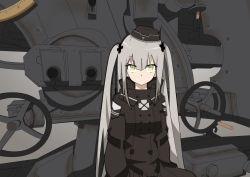 Rule 34 | 1girl, 88 flak (ash arms), absurdres, ash arms, coat, expressionless, grey hair, hair ornament, hat, highres, long hair, looking at viewer, military hat, portrait, simple background, solo, trench coat, weapon
