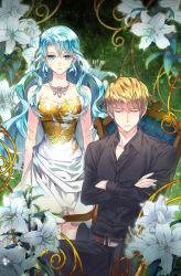 Rule 34 | 1boy, 1girl, arms at sides, bare shoulders, belt, black pants, black shirt, blue eyes, blue hair, chair, collarbone, cover, cover page, crossed arms, dress, closed eyes, flower, gl ztoh, jewelry, light brown hair, lily (flower), looking at viewer, necklace, novel cover, official art, pants, shirt, sitting, standing, wavy hair, white dress