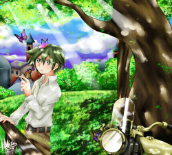 Rule 34 | 00s, 1girl, androgynous, artist request, bug, butterfly, grass, green eyes, green hair, hermes (kino no tabi), insect, kino (kino no tabi), kino no tabi, matching hair/eyes, motor vehicle, motorcycle, short hair, solo, town, tree, vehicle, wings