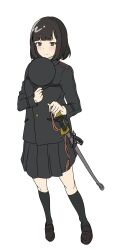 Rule 34 | 1girl, black eyes, black hair, black hat, black jacket, black shirt, black skirt, black socks, blunt bangs, bob cut, breast pocket, buttons, closed mouth, collared jacket, commentary, epaulettes, full body, gun sling, hand on sheath, hat, highres, holding, holding clothes, holding hat, hutaba tea, jacket, kneehighs, lanyard, light blush, loafers, long sleeves, looking at viewer, original, peaked cap, pleated skirt, pocket, police, police hat, police uniform, sheath, sheathed, shirt, shoes, short hair, simple background, skirt, smile, socks, solo, standing, sword, tachi-e, uniform, unworn hat, unworn headwear, weapon, white background
