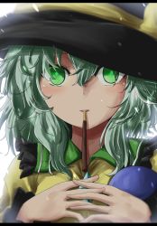 Rule 34 | 1girl, absurdres, black hat, blush, bow, commentary request, food, food in mouth, frilled shirt collar, frills, green eyes, green hair, hair between eyes, hat, hat bow, highres, komeiji koishi, letterboxed, looking at viewer, mouth hold, oshiaki, own hands together, pocky, pocky day, shirt, short hair, simple background, solo, third eye, touhou, upper body, white background, yellow bow, yellow shirt