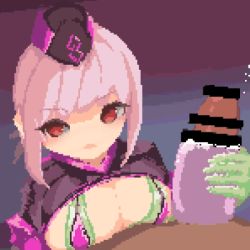 Rule 34 | 1boy, 1girl, animated, animated gif, artificial vagina, bar censor, breasts, censored, cleavage, fate/grand order, fate (series), florence nightingale (fate), gloves, handjob, haryu moe, hat, latex, latex gloves, looking at viewer, lowres, penis, pink hair, pixel art, pov, sex toy, shiny clothes, skin tight