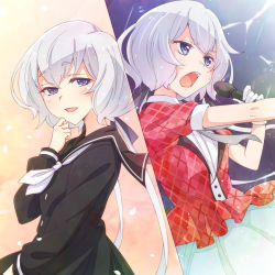Rule 34 | 1girl, black dress, black ribbon, blue eyes, clenched hand, clenched hands, dress, e20, gloves, grey hair, hair ribbon, half-closed eyes, hand on own chin, holding, holding microphone, konno junko, long hair, long sleeves, looking at viewer, microphone, multiple views, neckerchief, petals, plaid, plaid shirt, red shirt, ribbon, sailor dress, shirt, short sleeves, split screen, twintails, v-shaped eyebrows, white gloves, white hair, white neckerchief, zombie land saga