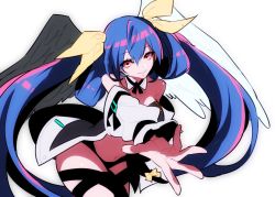 Rule 34 | 1girl, asymmetrical wings, bad id, bad twitter id, bare shoulders, blue hair, collarbone, cowboy shot, detached sleeves, dizzy (guilty gear), grey wings, guilty gear, guilty gear x, guilty gear xx, hair ribbon, hohehohe, looking at viewer, navel, orange eyes, outstretched hand, reaching, red eyes, ribbon, simple background, smile, solo, twintails, white background, white wings, wings