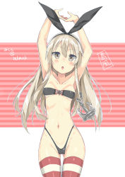 10s 1girl anchor_hair_ornament armpits arms_up bad_id bad_pixiv_id bikini blush breasts character_name collarbone female_focus groin hair_ornament hair_ribbon hairband highleg highleg_panties highres kantai_collection long_hair looking_at_viewer navel nishimi_shin open_mouth panties ribbon shimakaze_(kancolle) small_breasts solo striped_background striped_clothes striped_thighhighs swimsuit thighhighs thong thong_bikini translated twitter_username underwear