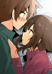 Rule 34 | 1boy, 1girl, absurdres, bed sheet, blush, brown hair, commentary, couple, english commentary, eye contact, face-to-face, green eyes, green jacket, hair between eyes, hand on another&#039;s chest, highres, huge filesize, jacket, kono subarashii sekai ni shukufuku wo!, looking at another, lying, megumin, nervous, nose blush, on bed, on side, pajamas, parted lips, pink pajamas, red eyes, satou kazuma, short hair with long locks, sweatdrop, under covers, wavy mouth, we cry open