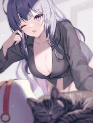 Rule 34 | 1girl, animal, black shirt, blue eyes, breasts, cat, cleavage, collared shirt, hell fuuna, highres, large breasts, long hair, looking at viewer, meloco kyoran, multicolored eyes, nijisanji, nijisanji en, one eye closed, open clothes, open mouth, open shirt, pink eyes, purple hair, shirt, solo, virtual youtuber