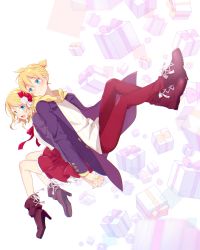 Rule 34 | absurdres, asagao minoru, back-to-back, blonde hair, blue coat, blue eyes, blush, boots, box, coat, commentary, dated, dutch angle, floating, flower, frilled skirt, frills, gift, gift box, hair flower, hair ornament, hair ribbon, happy birthday, heart, high heel boots, high heels, highres, holding hands, hooded shirt, kagamine len, kagamine rin, looking at another, miniskirt, nail polish, open mouth, pants, red pants, red ribbon, red skirt, ribbon, rose, shirt, short hair, short ponytail, sitting, skirt, smile, spiked hair, striped clothes, striped shirt, vocaloid, white background, white flower, white rose, white shirt, yellow nails