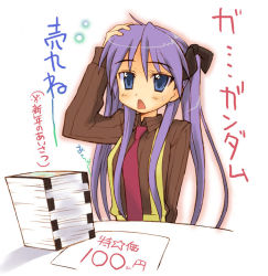 Rule 34 | 00s, 1girl, :o, blue eyes, bonza, brown shirt, chestnut mouth, collared shirt, eyebrows, hiiragi kagami, long hair, long sleeves, looking at viewer, lucky star, necktie, open mouth, purple hair, red necktie, shirt, sidelocks, solo, twintails, very long hair