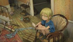 Rule 34 | 1boy, blonde hair, blue eyes, box, cardboard box, chair, child, handheld game console, highres, indoors, looking at viewer, male focus, messy room, nintendo ds, original, parted lips, playing games, railing, rug, shorts, sitting, socks, solo, stairs, take no (xtc65 0), wooden floor