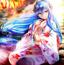 Rule 34 | 1girl, alternate costume, azura (fire emblem), blue hair, fire emblem, fire emblem fates, fireworks, floating hair, floral print, hair between eyes, hair tubes, hand fan, hand in own hair, highres, japanese clothes, kimono, lantern, lens flare, long hair, looking to the side, low-tied long hair, nintendo, paper fan, sitting, smile, solo, tongari, uchiwa, veil, wide sleeves, yellow eyes, yukata