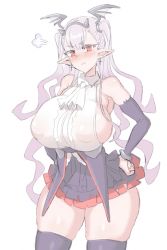 Rule 34 | 1girl, abarano, blush, breasts, draculina (last origin), huge breasts, last origin, pout, red eyes, sideboob, solo, thick thighs, thighhighs, thighs