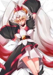 Rule 34 | 1girl, akagi towa, albino, alternate color, arms up, belt, black neckwear, blush, choker, collarbone, cowboy shot, cure scarlet, detached sleeves, duke778, earrings, go! princess precure, gradient hair, highres, jewelry, layered skirt, long hair, looking at viewer, magical girl, mask, multicolored hair, open mouth, parted bangs, precure, quad tails, red eyes, red hair, skirt, solo, twilight (go! princess precure), white hair