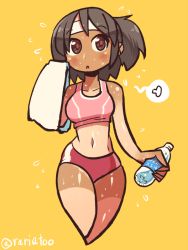 Rule 34 | 1girl, alternate costume, blush, bottle, brown hair, cropped legs, flying sweatdrops, gym shorts, headband, holding, holding bottle, kantai collection, legs together, looking at viewer, nagara (kancolle), navel, one side up, parted lips, rariatto (ganguri), shorts, solo, sports bra, standing, sweat, tan, tanline, tomboy, towel, twitter username, yellow background