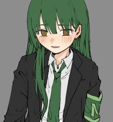 Rule 34 | 1boy, armband, black jacket, brown hair, collared shirt, commentary request, denney (sukeru ramune), flat color, green armband, green hair, green necktie, grey background, highres, jacket, lobotomy corporation, long hair, long sleeves, male focus, necktie, netzach (project moon), open clothes, open jacket, project moon, shirt, simple background, sketch, solo, upper body, white shirt