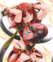 Rule 34 | 1girl, breasts, duplicate, earrings, gem, gloves, hair ornament, headpiece, highres, huge breasts, jewelry, kurokaze no sora, looking at viewer, pyra (xenoblade), red eyes, red hair, short hair, shorts, skindentation, smile, solo, tiara, xenoblade chronicles (series), xenoblade chronicles 2