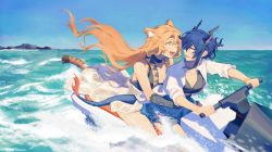 Rule 34 | 2girls, :d, animal ears, arknights, bikini, black bikini, black gloves, black one-piece swimsuit, blue hair, blue sky, bracelet, casual one-piece swimsuit, center opening, ch&#039;en (arknights), collared shirt, commentary, dragon girl, dragon horns, dragon tail, fang, flame-tipped tail, folded ponytail, gloves, green eyes, hair between eyes, highres, horns, jet ski, jewelry, long hair, looking at another, looking back, multiple girls, one-piece swimsuit, open clothes, open mouth, open shirt, orange hair, outdoors, red eyes, shirt, sky, sleeves rolled up, smile, swimsuit, swire (arknights), symbol-only commentary, tail, tail ornament, tail ring, tiger ears, tiger girl, tiger tail, vento, water, white shirt