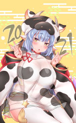 Rule 34 | 1girl, 2021, absurdres, animal print, blue hair, blunt bangs, blush, bra, breasts, cabbie hat, catura (granblue fantasy), cleavage, cow hat, cow horns, cow print, dated, detached sleeves, draph, earrings, granblue fantasy, hat, highres, horns, huge breasts, jewelry, large breasts, long hair, looking at viewer, navel, open fly, open mouth, pinku pansaa, plump, pointy ears, print headwear, print legwear, ribbon, see-through, short shorts, shorts, simple background, sitting, thick thighs, thighhighs, thighs, underwear, v, very long hair, white ribbon, white shorts, white thighhighs, wide sleeves, yellow background