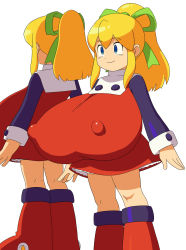 Rule 34 | 1girl, blonde hair, blue eyes, breasts, capcom, closed mouth, covered erect nipples, female focus, from behind, gigantic breasts, green ribbon, highres, mega man (classic), mega man (series), oppai loli, ponytail, red footwear, ribbon, ringosu33, roll (mega man), simple background, solo, white background