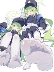 Rule 34 | 2girls, absurdres, armband, blue archive, blue armband, blue jacket, blue shorts, buttons, commentary, double-breasted, fang, feet, foot focus, foreshortening, gloves, green hair, green halo, halo, hands up, highres, hikari (blue archive), holding, holding tablet pc, jacket, kilabo, long hair, multiple girls, no shoes, nozomi (blue archive), pantyhose, pantyhose under shorts, pointy ears, shirt, short shorts, shorts, siblings, simple background, sisters, skin fang, soles, squatting, stepping, symbol-only commentary, tablet pc, toes, twintails, very long hair, white background, white gloves, white pantyhose, white shirt, yellow eyes