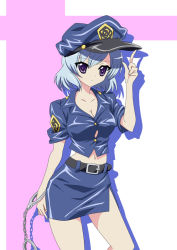 Rule 34 | 10s, 1girl, belt, breasts, cleavage, cuffs, handcuffs, henriette mystere, hoshino sora, midriff, navel, pencil skirt, police, police uniform, purple eyes, shadow, shirt, silver hair, skirt, sleeves rolled up, solo, tantei opera milky holmes, taut clothes, taut shirt, uniform