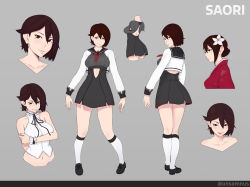 Rule 34 | 1girl, asymmetrical hair, bare shoulders, black footwear, black ribbon, black sailor collar, black skirt, breasts, breasts squeezed together, brown hair, character name, closed mouth, flower, grey background, hair flower, hair ornament, high-waist skirt, japanese clothes, kimono, large breasts, legs apart, long sleeves, looking at viewer, medium breasts, mole, mole under eye, multiple views, navel, neck ribbon, neckerchief, original, red kimono, red neckwear, ribbon, sailor collar, saori (unsomnus), shirt, short hair, simple background, skirt, smile, socks, standing, twitter username, unsomnus, white flower, white legwear, white shirt