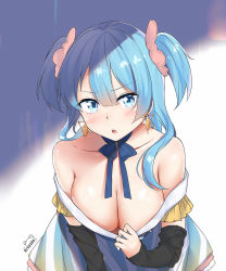 Rule 34 | 1girl, arusuko, bare shoulders, blue eyes, blue hair, blunt bangs, blush, breasts, cleavage, clothes pull, dress pull, earrings, hair ornament, highres, jewelry, large breasts, long hair, looking at viewer, magia record: mahou shoujo madoka magica gaiden, mahou shoujo madoka magica, minami rena, open mouth, ribbon, scrunchie, solo, two side up