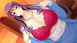 Rule 34 | 1girl, blush, bra, breasts, cleavage, empty eyes, game cg, huge breasts, jewelry, kyonyuu hitozuma onna kyoushi saimin, long hair, looking at viewer, lune (company), mind control, necklace, open clothes, open mouth, open shirt, purple eyes, purple hair, red bra, shirt, skyhouse, solo, standing, teacher, tsukishima kyoko, underwear, undressing, upper body