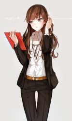 Rule 34 | 1girl, belt, berii (cad berry), black jacket, black pants, brown eyes, brown hair, character request, collarbone, dress shirt, formal, hand in own hair, highres, holding, jacket, long hair, looking away, lying, on back, open clothes, open jacket, open shirt, pant suit, pants, parted lips, shirt, solo, standing, suit, white shirt