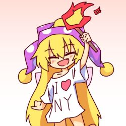 Rule 34 | 1girl, absurdly long hair, arm up, blonde hair, blush, clothes writing, clownpiece, closed eyes, fang, happy, hat, heart, jester cap, kakinoki mikan (kari), long hair, naked shirt, off shoulder, open mouth, red eyes, shirt, simple background, solo, t-shirt, torch, touhou, very long hair, white background