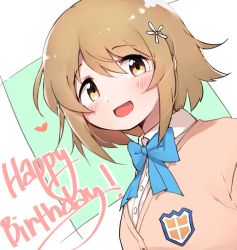 Rule 34 | 1girl, blue bow, blush, bow, bowtie, brown eyes, brown hair, flower, hair between eyes, hair flower, hair ornament, happy birthday, heart, idolmaster, idolmaster cinderella girls, korean commentary, looking at viewer, mg pong, mimura kanako, open mouth, school uniform, short hair, simple background, solo, two-tone background, upper body, white flower