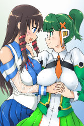 Rule 34 | 2girls, blue eyes, blue skirt, breast press, breasts, brown hair, detached sleeves, eye contact, glasses, green eyes, green hair, holding hands, homeko, large breasts, looking at another, michael f91, multiple girls, os-tan, skirt, xp-tan, xp home-tan, xphome, xppro
