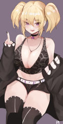 Rule 34 | 1girl, absurdres, aged down, bare shoulders, belt, black choker, black jacket, black nails, black shorts, black thighhighs, blonde hair, breasts, choker, cleavage, coco kaine, collarbone, cropped legs, earrings, eyes visible through hair, fang, hair between eyes, hand up, heart, heart choker, highres, hololive, jacket, jewelry, large breasts, light blush, looking at viewer, medium hair, middle finger, midriff, mole, mole on breast, mole under eye, nail polish, navel, necklace, object on breast, off shoulder, open mouth, pineapple (pine), purple background, purple eyes, short shorts, shorts, signature, simple background, skin fang, solo, thighhighs, thighs, twintails, virtual youtuber, white belt