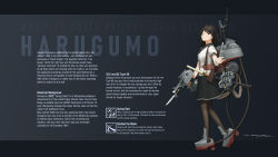 Rule 34 | 1girl, absurdres, bandaged arm, bandages, bayonet, black eyes, black hair, black pantyhose, black skirt, cannon, character name, character profile, commentary, commission, english commentary, eyepatch, from side, full body, grey background, grin, harugumo (ryan greythorn), highres, katana, looking at viewer, one side up, original, pantyhose, personification, pleated skirt, rigging, ryan greythorn, sailor collar, school uniform, serafuku, sheath, sheathed, signature, skirt, smile, solo, standing, sword, turret, weapon, world of warships