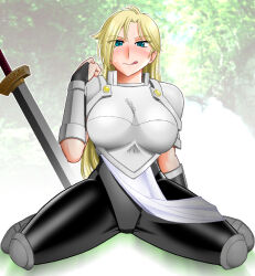 Rule 34 | 1girl, armor, bad source, black pantyhose, blonde hair, blue eyes, blush, breastplate, breasts, bridal gauntlets, curvy, elbow gloves, forest, gloves, janne d&#039;arc, large breasts, light smile, long hair, looking at viewer, mokkouyou bond, nature, pantyhose, pauldrons, shoulder armor, sitting, snk, spread legs, sweat, sword, thighhighs, tongue, tongue out, weapon, world heroes